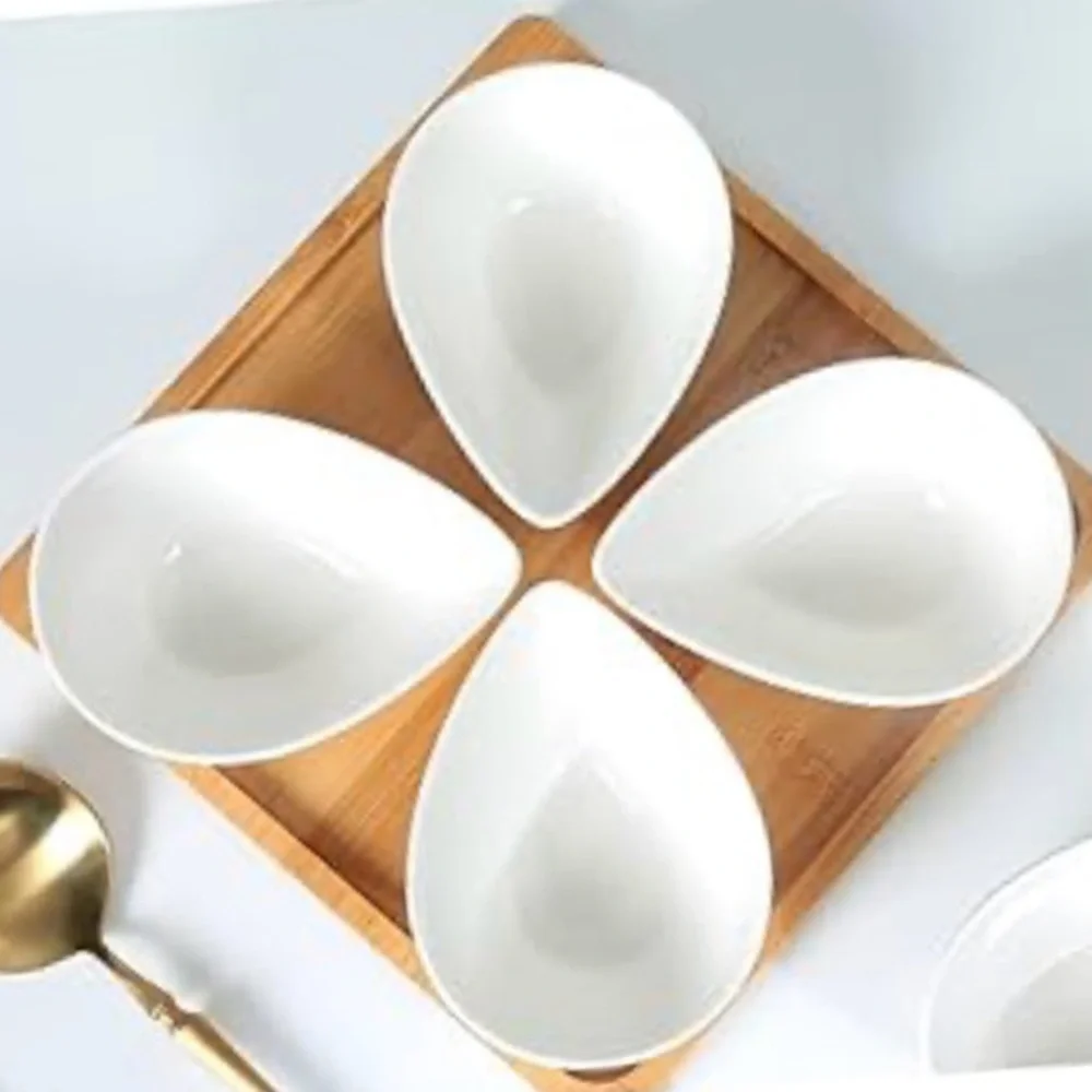 Ceramic Dipping Bowls with Wood Serving Tray